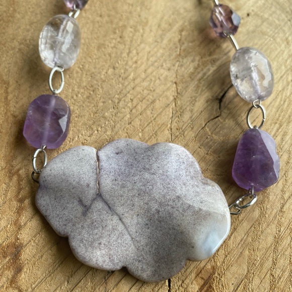 Filigree and Stone Jewelry - Purple Lace Agate and Amethyst Silver Tone Necklace